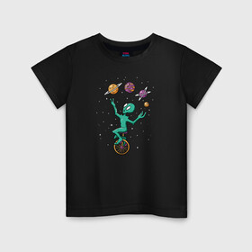 Детская футболка хлопок с принтом Пришелец Жонглер в Петрозаводске, 100% хлопок | круглый вырез горловины, полуприлегающий силуэт, длина до линии бедер | alien | galaxy | nasa | planet | space | ufo | в космосе | инопланетяне | инопланетянин | космос | нло | планеты | пришелец | пришельцы