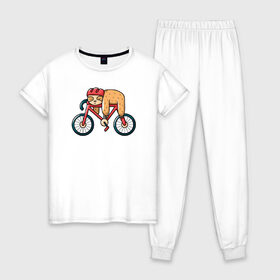 Женская пижама хлопок с принтом Ленивец в Петрозаводске, 100% хлопок | брюки и футболка прямого кроя, без карманов, на брюках мягкая резинка на поясе и по низу штанин | bike | lazy | sloth | велосипед | ленивец | ленивцы | лень