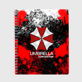 Тетрадь с принтом UMBRELLA CORP в Петрозаводске, 100% бумага | 48 листов, плотность листов — 60 г/м2, плотность картонной обложки — 250 г/м2. Листы скреплены сбоку удобной пружинной спиралью. Уголки страниц и обложки скругленные. Цвет линий — светло-серый
 | biohazard | biohazard 7 | crocodile | fang | game | hand | monster | new umbrella | resident evil | resident evil 7 | umbrella | umbrella corp | umbrella corporation | zombie | обитель