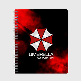 Тетрадь с принтом UMBRELLA CORP в Петрозаводске, 100% бумага | 48 листов, плотность листов — 60 г/м2, плотность картонной обложки — 250 г/м2. Листы скреплены сбоку удобной пружинной спиралью. Уголки страниц и обложки скругленные. Цвет линий — светло-серый
 | biohazard | biohazard 7 | crocodile | fang | game | hand | monster | new umbrella | resident evil | resident evil 7 | umbrella | umbrella corp | umbrella corporation | zombie | обитель