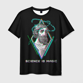 Мужская футболка 3D с принтом Magic is science - Пифагор в Петрозаводске, 100% полиэфир | прямой крой, круглый вырез горловины, длина до линии бедер | Тематика изображения на принте: magic | science | астрономия | геометрия | картинки | математика | мем | наука | пифагор | приколы | треугольник | физика | школа | школьник
