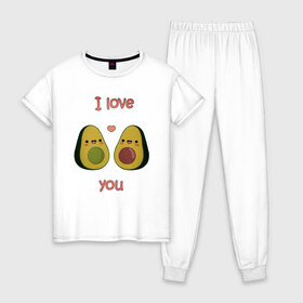 Женская пижама хлопок с принтом AVOCADO LOVE в Петрозаводске, 100% хлопок | брюки и футболка прямого кроя, без карманов, на брюках мягкая резинка на поясе и по низу штанин | avokado | авокадо