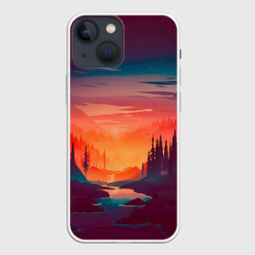 Чехол для iPhone 13 mini с принтом Minimal forest sunset в Петрозаводске,  |  | forest | light | minimal | mountain | orange | purple | stone | sunset | water | вода | горы | закат | минимализм | оранжевый | фиолетовый