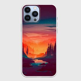 Чехол для iPhone 13 Pro Max с принтом Minimal forest sunset в Петрозаводске,  |  | Тематика изображения на принте: forest | light | minimal | mountain | orange | purple | stone | sunset | water | вода | горы | закат | минимализм | оранжевый | фиолетовый