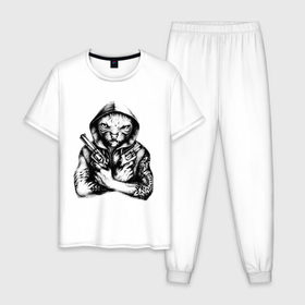 Мужская пижама хлопок с принтом Кот гангстер в Петрозаводске, 100% хлопок | брюки и футболка прямого кроя, без карманов, на брюках мягкая резинка на поясе и по низу штанин
 | 
