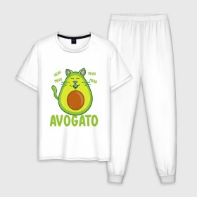 Мужская пижама хлопок с принтом AVOGATO в Петрозаводске, 100% хлопок | брюки и футболка прямого кроя, без карманов, на брюках мягкая резинка на поясе и по низу штанин
 | Тематика изображения на принте: avocado | avocato | avogato | cat | cats | авокадо | авокато | авокот | картинка | картинки | кот | коте | котэ | прикольная | прикольные