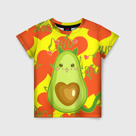 Детская футболка 3D с принтом авокадо в Петрозаводске, 100% гипоаллергенный полиэфир | прямой крой, круглый вырез горловины, длина до линии бедер, чуть спущенное плечо, ткань немного тянется | avocado | cat | cats | funny | авокадо | зеленый авокадо | кот