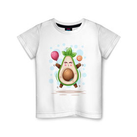Детская футболка хлопок с принтом АВОКАДО в Петрозаводске, 100% хлопок | круглый вырез горловины, полуприлегающий силуэт, длина до линии бедер | Тематика изображения на принте: avocado | character | cute pictures | exotic | fruit | nut | vegan | vegetables | vegetarian | авокадо | веган | вегетарианец | милые картинки | овощи | орех | персонаж | фрукты | экзотика