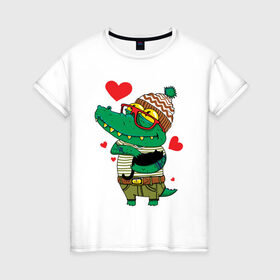 Женская футболка хлопок с принтом Модный крокодил в Петрозаводске, 100% хлопок | прямой крой, круглый вырез горловины, длина до линии бедер, слегка спущенное плечо | Тематика изображения на принте: крокодил | мода | стиль | хипстер | юмор