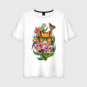 Женская футболка хлопок Oversize с принтом Лиса в Петрозаводске, 100% хлопок | свободный крой, круглый ворот, спущенный рукав, длина до линии бедер
 | лиса | мода | стиль | цветы