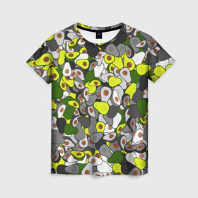 Женская футболка 3D с принтом Камуфляж с авокадо в Петрозаводске, 100% полиэфир ( синтетическое хлопкоподобное полотно) | прямой крой, круглый вырез горловины, длина до линии бедер | avocado | адвокадо | веган | еда | камо | милитари | оовощь | паттерн | фрукт | хаки