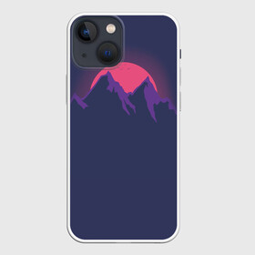 Чехол для iPhone 13 mini с принтом Mountain sunset в Петрозаводске,  |  | mountain | sunset. purple. фиолетовый | vector | арт | вектор | горы | закат | принт | природа