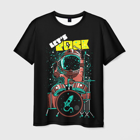 Мужская футболка 3D с принтом Lets Rock в Петрозаводске, 100% полиэфир | прямой крой, круглый вырез горловины, длина до линии бедер | art | astronaut | drummer | drums | rock | rocket | space | арт | астронавт | барабанщик | барабаны | космонавт | космос | ракета | рок