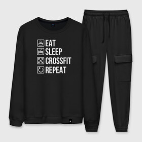 Мужской костюм хлопок с принтом Eat Sleep Crossfit Repeat в Петрозаводске, 100% хлопок | на свитшоте круглая горловина, мягкая резинка по низу. Брюки заужены к низу, на них два вида карманов: два “обычных” по бокам и два объемных, с клапанами, расположенные ниже линии бедра. Брюки с мягкой трикотажной резинкой на поясе и по низу штанин. В поясе для дополнительного комфорта — широкие завязки | crossfit | кроссфит | кросфит | пауэрлифтинг | спорт | фитнес