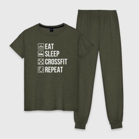 Женская пижама хлопок с принтом Eat. Sleep. Crossfit. Repeat в Петрозаводске, 100% хлопок | брюки и футболка прямого кроя, без карманов, на брюках мягкая резинка на поясе и по низу штанин | crossfit | кроссфит | кросфит | пауэрлифтинг | спорт | фитнес