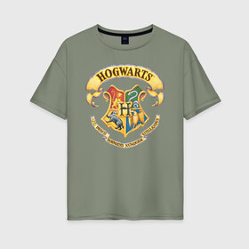 Женская футболка хлопок Oversize с принтом Coat of Hogwarts в Петрозаводске, 100% хлопок | свободный крой, круглый ворот, спущенный рукав, длина до линии бедер
 | vdgerir | гарри поттер | гриффиндор | дамблдор | добби | слизерин | хогвартс