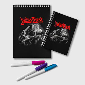 Блокнот с принтом JUDAS PRIEST в Петрозаводске, 100% бумага | 48 листов, плотность листов — 60 г/м2, плотность картонной обложки — 250 г/м2. Листы скреплены удобной пружинной спиралью. Цвет линий — светло-серый
 | firepower | judas priest | бог металла | джудас прист | иуда прист | музыка | роб хэлфорд | рок | рок н ролл | хэви метал