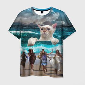 Мужская футболка 3D с принтом Морской Кошак в Петрозаводске, 100% полиэфир | прямой крой, круглый вырез горловины, длина до линии бедер | Тематика изображения на принте: cat | mem | mems | вода | волны | кот | котейка | котик | кошак | кошка | мем | мем с котом | мемы | мемы с котом | мокрый кот | море | морской кот | морской кошак | облака | океан | прикол | приколы | тучи | шторм