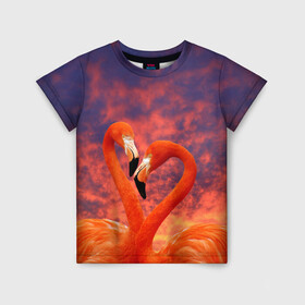 Детская футболка 3D с принтом Flamingo Love в Петрозаводске, 100% гипоаллергенный полиэфир | прямой крой, круглый вырез горловины, длина до линии бедер, чуть спущенное плечо, ткань немного тянется | 14 февраля | 8 марта | валентинов день | верность | влюбленность | влюбленные | вместе | вместе навсегда | девушке | женат | женский день | женский праздник | закат | замужем | кружка | любимая