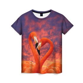 Женская футболка 3D с принтом Flamingo Love в Петрозаводске, 100% полиэфир ( синтетическое хлопкоподобное полотно) | прямой крой, круглый вырез горловины, длина до линии бедер | 14 февраля | 8 марта | валентинов день | верность | влюбленность | влюбленные | вместе | вместе навсегда | девушке | женат | женский день | женский праздник | закат | замужем | кружка | любимая