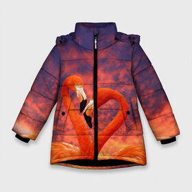 Зимняя куртка для девочек 3D с принтом Flamingo Love в Петрозаводске, ткань верха — 100% полиэстер; подклад — 100% полиэстер, утеплитель — 100% полиэстер. | длина ниже бедра, удлиненная спинка, воротник стойка и отстегивающийся капюшон. Есть боковые карманы с листочкой на кнопках, утяжки по низу изделия и внутренний карман на молнии. 

Предусмотрены светоотражающий принт на спинке, радужный светоотражающий элемент на пуллере молнии и на резинке для утяжки. | Тематика изображения на принте: 14 февраля | 8 марта | валентинов день | верность | влюбленность | влюбленные | вместе | вместе навсегда | девушке | женат | женский день | женский праздник | закат | замужем | кружка | любимая