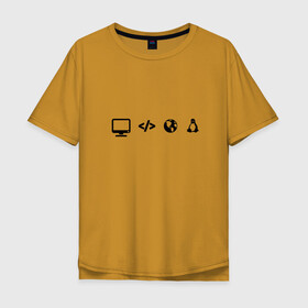 Мужская футболка хлопок Oversize с принтом LINUX в Петрозаводске, 100% хлопок | свободный крой, круглый ворот, “спинка” длиннее передней части | код | пингвин | планета земля | программист | разработчик | эволюция