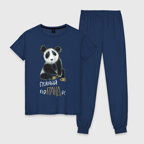 Женская пижама хлопок с принтом Полный поПАНДос в Петрозаводске, 100% хлопок | брюки и футболка прямого кроя, без карманов, на брюках мягкая резинка на поясе и по низу штанин | бамбук | китай | медведь | неприятность | панда | ситуация