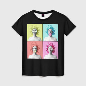 Женская футболка 3D с принтом Медуза Горгона Pop Art в Петрозаводске, 100% полиэфир ( синтетическое хлопкоподобное полотно) | прямой крой, круглый вырез горловины, длина до линии бедер | 8 марта | бизнес леди | в очках | девушка в очках | девушке | жвачка | жене | женский день | женский праздник | женское лицо | кружка | легенда | лицо | любимой | медуза | мифология | монстр | опасная