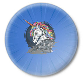 Значок с принтом Единорог Rock в Петрозаводске,  металл | круглая форма, металлическая застежка в виде булавки | rock | единорог | единорог рокер | кожанка | конь | лошадь | многоцветный | радуга | рог | рок | шипы