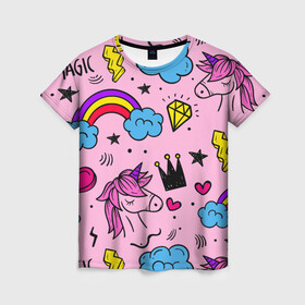 Женская футболка 3D с принтом Единороги в Петрозаводске, 100% полиэфир ( синтетическое хлопкоподобное полотно) | прямой крой, круглый вырез горловины, длина до линии бедер | pink | единорог | единорожки | звезда | корона | лето | лошадка | лошадь | надпись | облака | радуга | радужный | сердечки | символы