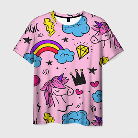Мужская футболка 3D с принтом Единороги в Петрозаводске, 100% полиэфир | прямой крой, круглый вырез горловины, длина до линии бедер | Тематика изображения на принте: pink | единорог | единорожки | звезда | корона | лето | лошадка | лошадь | надпись | облака | радуга | радужный | сердечки | символы