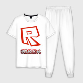 Мужская пижама хлопок с принтом R в Петрозаводске, 100% хлопок | брюки и футболка прямого кроя, без карманов, на брюках мягкая резинка на поясе и по низу штанин
 | game | game roblox | logo roblox | online game | r | roblox | игра | игра роблокс | лого | лого роблокс | логотип | надпись | онлайн игра | онлайн игра роблокс | р | роблокс