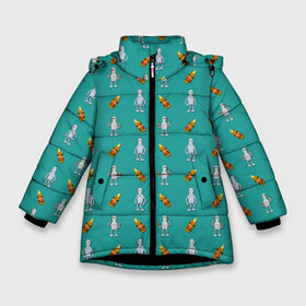 Зимняя куртка для девочек 3D с принтом Futurama bender в Петрозаводске, ткань верха — 100% полиэстер; подклад — 100% полиэстер, утеплитель — 100% полиэстер. | длина ниже бедра, удлиненная спинка, воротник стойка и отстегивающийся капюшон. Есть боковые карманы с листочкой на кнопках, утяжки по низу изделия и внутренний карман на молнии. 

Предусмотрены светоотражающий принт на спинке, радужный светоотражающий элемент на пуллере молнии и на резинке для утяжки. | Тематика изображения на принте: beer | bender | бендер | футурама