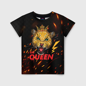 Детская футболка 3D с принтом the Queen в Петрозаводске, 100% гипоаллергенный полиэфир | прямой крой, круглый вырез горловины, длина до линии бедер, чуть спущенное плечо, ткань немного тянется | queen | большая кошка | королева | корона | кошка | леопард | львица | молния