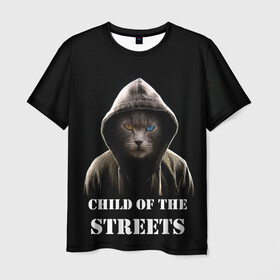 Мужская футболка 3D с принтом Дитя улиц в Петрозаводске, 100% полиэфир | прямой крой, круглый вырез горловины, длина до линии бедер | Тематика изображения на принте: cat | gangster | балахон | глаза | дитя улиц | кот | котик | крутой | крутой принт | принт | с надписью | топ | тренд