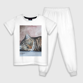 Детская пижама хлопок с принтом Барсик в Петрозаводске, 100% хлопок |  брюки и футболка прямого кроя, без карманов, на брюках мягкая резинка на поясе и по низу штанин
 | полосатый кот. рисунок акварелью