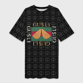 Платье-футболка 3D с принтом GUSLI в Петрозаводске,  |  | antibrand | gucci | gucci colors | gusli | антибренд | гусли | гучи | лого | логотип | мем | надпись | прикол | цвета гучи