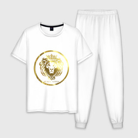 Мужская пижама хлопок с принтом Golden lion в Петрозаводске, 100% хлопок | брюки и футболка прямого кроя, без карманов, на брюках мягкая резинка на поясе и по низу штанин
 | власть | дорого | золото | король | корона | лев | царь