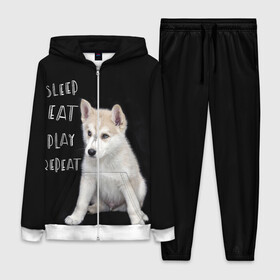 Женский костюм 3D с принтом Sleep Eat Play Repeat (Хаски) в Петрозаводске,  |  | dog | husky | puppy | siberian husky | sleep eat play repeat | белая собака | белый щенок | ездовая собака | кружка | лайка | лайка щенок | подушка | сибирский хаски | собака | собачья жизнь | сумка | термокружка | фартук