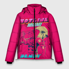 Мужская зимняя куртка 3D с принтом Hotline Miami в Петрозаводске, верх — 100% полиэстер; подкладка — 100% полиэстер; утеплитель — 100% полиэстер | длина ниже бедра, свободный силуэт Оверсайз. Есть воротник-стойка, отстегивающийся капюшон и ветрозащитная планка. 

Боковые карманы с листочкой на кнопках и внутренний карман на молнии. | Тематика изображения на принте: hotline miami | горячая линия майами | денди | игра | майами | пальмы | слоник