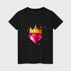 Женская футболка хлопок с принтом Сердце с короной в Петрозаводске, 100% хлопок | прямой крой, круглый вырез горловины, длина до линии бедер, слегка спущенное плечо | блеск | золото | корона | розовый | рубин | сердце