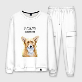 Мужской костюм хлопок с принтом Corgi is my Love в Петрозаводске, 100% хлопок | на свитшоте круглая горловина, мягкая резинка по низу. Брюки заужены к низу, на них два вида карманов: два “обычных” по бокам и два объемных, с клапанами, расположенные ниже линии бедра. Брюки с мягкой трикотажной резинкой на поясе и по низу штанин. В поясе для дополнительного комфорта — широкие завязки | corgi | corgi is my love | корги | собака