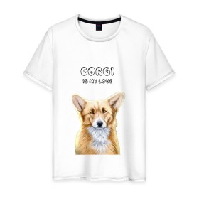 Мужская футболка хлопок с принтом Corgi is my Love в Петрозаводске, 100% хлопок | прямой крой, круглый вырез горловины, длина до линии бедер, слегка спущенное плечо. | corgi | corgi is my love | корги | собака