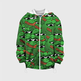 Детская куртка 3D с принтом Pepe The Frog в Петрозаводске, 100% полиэстер | застежка — молния, подол и капюшон оформлены резинкой с фиксаторами, по бокам — два кармана без застежек, один потайной карман на груди, плотность верхнего слоя — 90 г/м2; плотность флисового подклада — 260 г/м2 | frog | meme | memes | pepe | pepe the frog | грустная жабка | лягушка | лягушонок пепе | мем | мемы