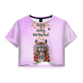 Женская футболка Crop-top 3D с принтом Енот в Петрозаводске, 100% полиэстер | круглая горловина, длина футболки до линии талии, рукава с отворотами | енот | енотик | животные | наслаждайся моментом | плед | уют