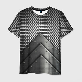 Мужская футболка 3D с принтом Броня металлическая в Петрозаводске, 100% полиэфир | прямой крой, круглый вырез горловины, длина до линии бедер | абстракция | броня | геометрия | железо | кольчуга | конус | круги | линии | металл | полосы | сетка | сталь | текстура | треугольник