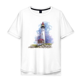 Мужская футболка хлопок Oversize с принтом Crisp Point Lighthouse в Петрозаводске, 100% хлопок | свободный крой, круглый ворот, “спинка” длиннее передней части | Тематика изображения на принте: art | katie batz | lighthouse | достопримечательности | маяк | море | отдых | пляж | туристы