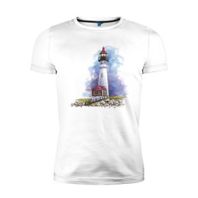 Мужская футболка премиум с принтом Crisp Point Lighthouse в Петрозаводске, 92% хлопок, 8% лайкра | приталенный силуэт, круглый вырез ворота, длина до линии бедра, короткий рукав | art | katie batz | lighthouse | достопримечательности | маяк | море | отдых | пляж | туристы