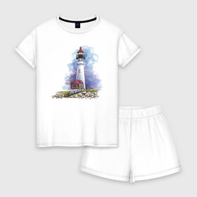 Женская пижама с шортиками хлопок с принтом Crisp Point Lighthouse в Петрозаводске, 100% хлопок | футболка прямого кроя, шорты свободные с широкой мягкой резинкой | art | katie batz | lighthouse | достопримечательности | маяк | море | отдых | пляж | туристы