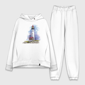 Женский костюм хлопок Oversize с принтом Crisp Point Lighthouse в Петрозаводске,  |  | Тематика изображения на принте: art | katie batz | lighthouse | достопримечательности | маяк | море | отдых | пляж | туристы